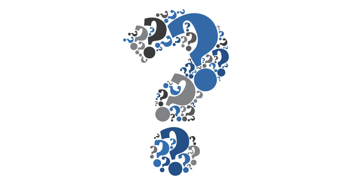 A question mark that is made up of a bunch of questions marks of varying sizes. They are different grays and blues.